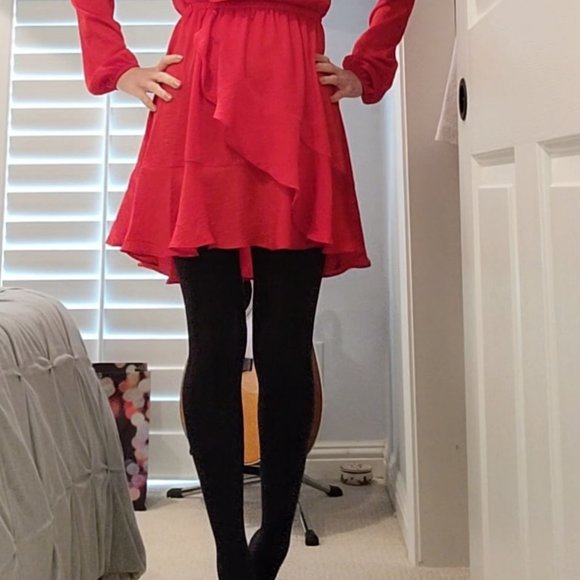 EXPRESS RUFFLE ELASTIC WAIST WRAP DRESS IN RED XXS - Picture 8 of 8